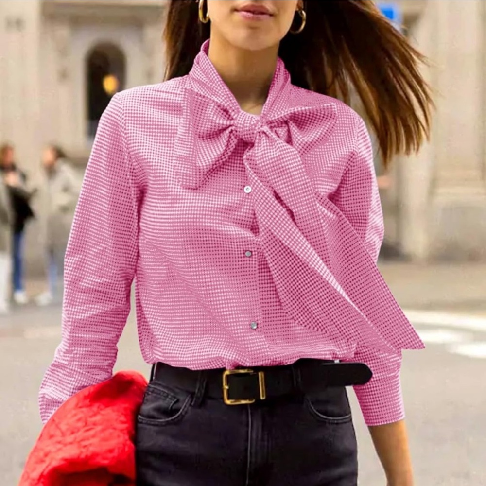 Cicy Bell Pink Statement Bow-Tie Long Sleeve Women's Button Down Top size S - Picture 4 of 6